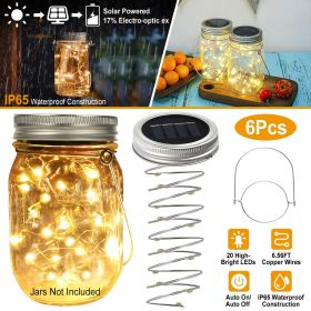 6 Pcs Solar Powered Mason Jar Lid Lights 20 LEDs Fairy String Lights Xmas Garden Decor (Lighting Color: Warm)