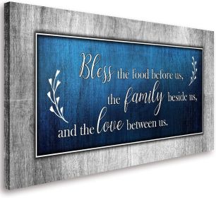 Christian Wall Art Decor Blue and Grey Canvas Prints Bless The Food Quote Wall Pictures Framed Artwork for Home Living Room Dining Room Kitchen Decora (size: 24x48inchx1pcs)