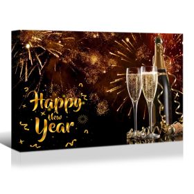 Framed Canvas Wall Art Decor Painting For New Year, Golden Happy New Year Bless Champagne Gift Painting For New Year Gift, Decoration For Chrismas Eve (Color: as Pic)