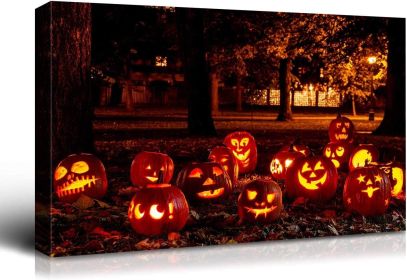 Drop-Shipping Framed Canvas Wall Art Decor Painting For Halloween, Jack-o-lanterns Groups Painting For Halloween Gift, Decoration For Halloween Living (Color: as Pic)
