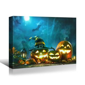 Drop-Shipping Framed Canvas Wall Art Decor Painting For Halloween, Jack-o-lanterns with Wizard Hat Painting For Halloween Gift, Decoration For Hallowe (Color: as Pic)