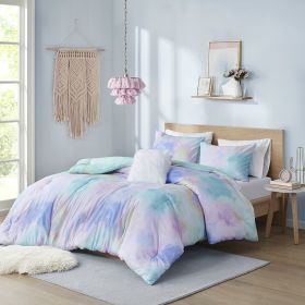 Watercolor Tie Dye Printed Comforter Set with Throw Pillow (Color: as Pic)