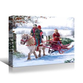 Framed Canvas Wall Art Decor Painting For Chrismas, White Horse with Sledge Chrismas Gift Painting For Chrismas Gift, Decoration For Chrismas Eve Offi (Color: as Pic)